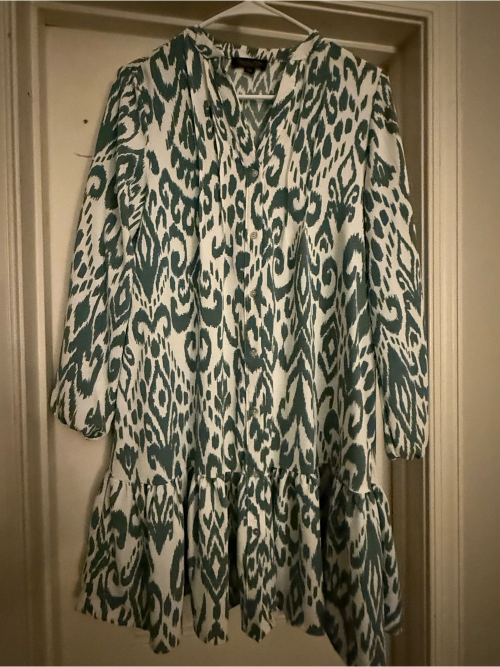Rachel Zoe Teal and White Ikat Tiered Long-Sleeve Dress